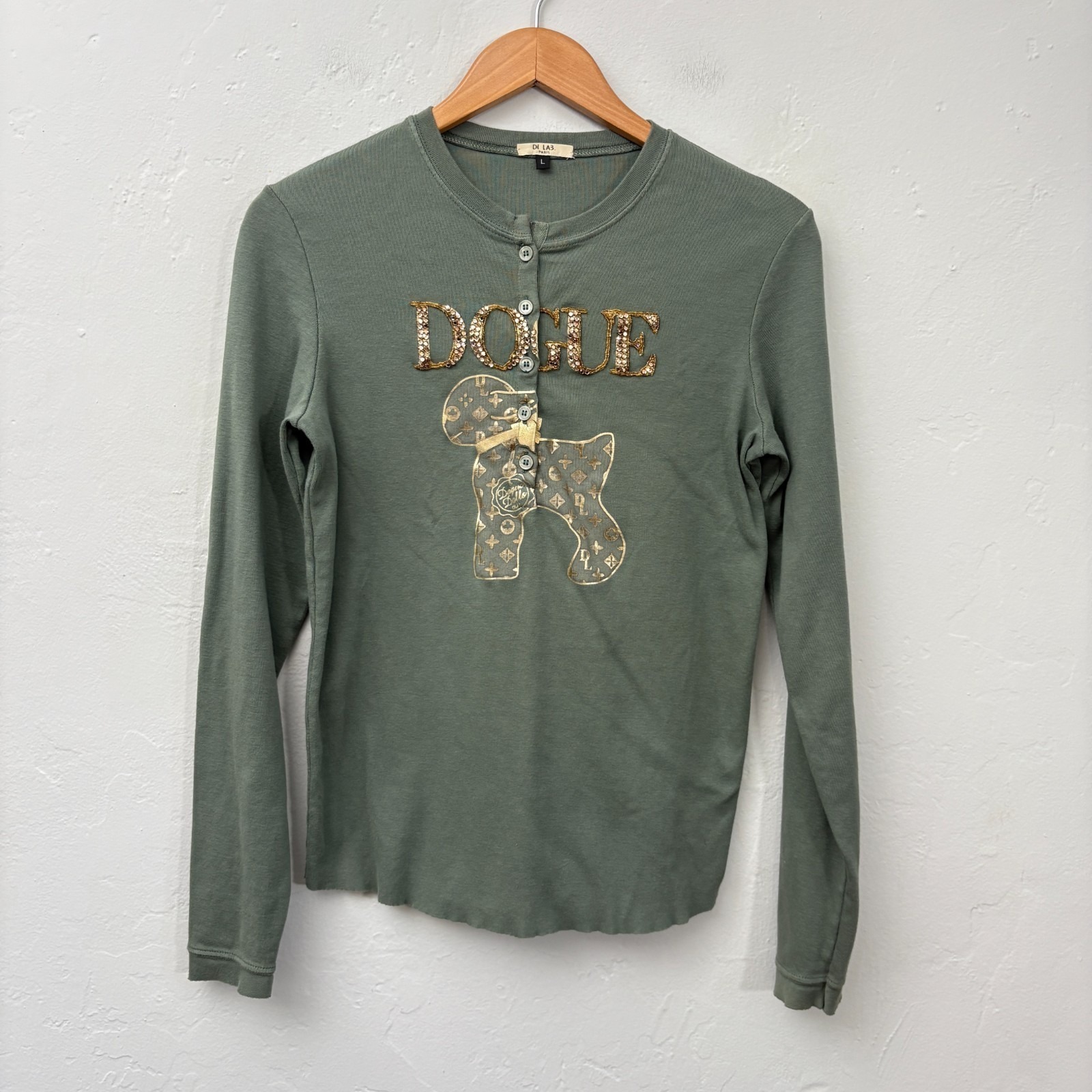 Di.La3 Pari Dogue Dog Beaded Top Women Size Large Green Long Sleeve Runs Small